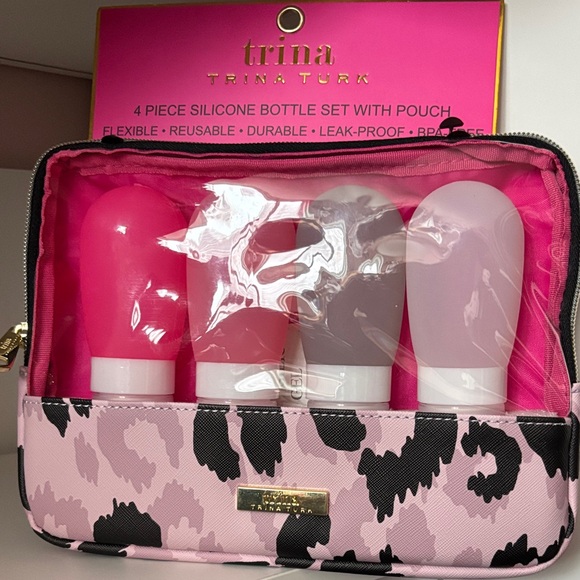 Trina Turk Cleat Travel Pouch with Pink Animal Trim & Silicone Bottle Set - Picture 1 of 4